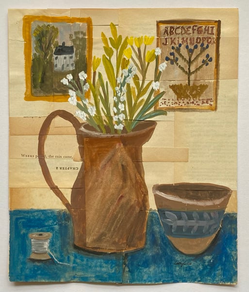 Image of a jug of wild stems on an indigo cloth