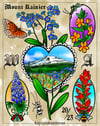 Mount Rainier and various flowers