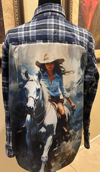 Vintage Blue/White Flannel Shirt Girl on Horse