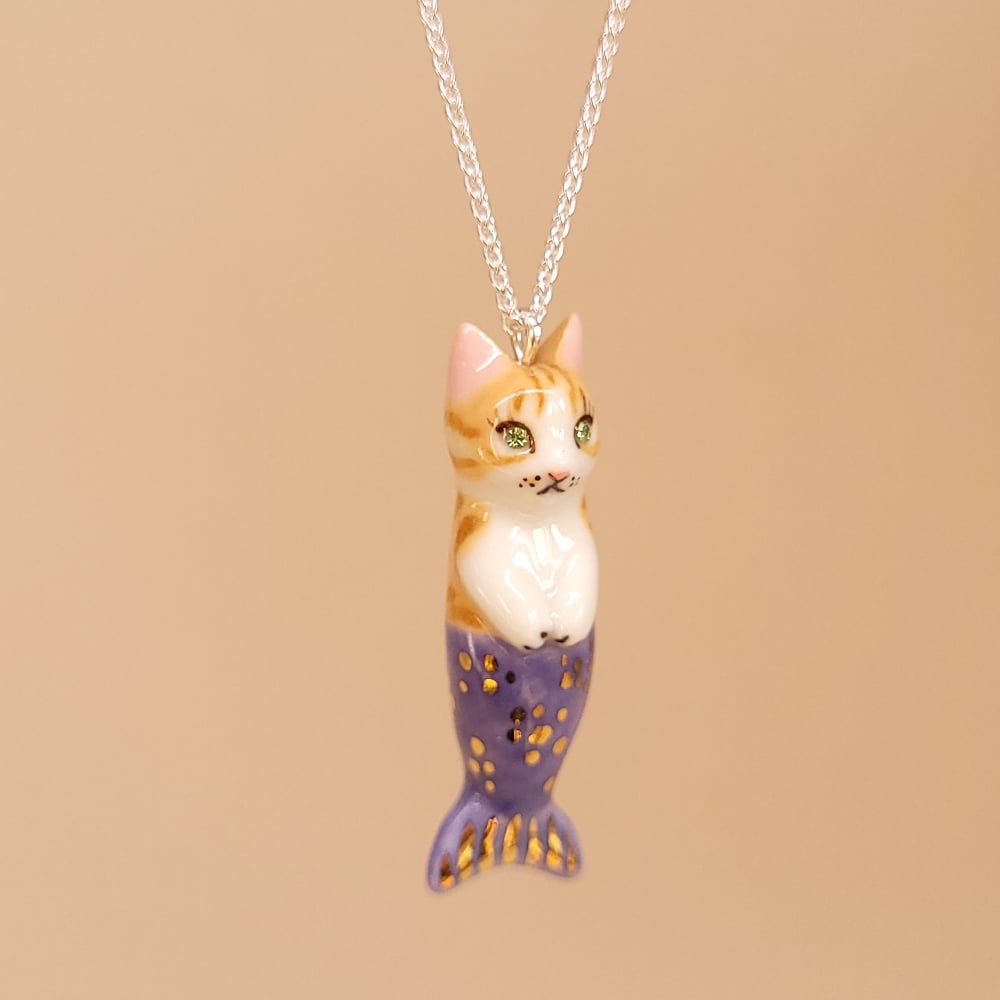 Image of Ginger Tabby Porcelain & Sterling Silver Purrmaid Pendant