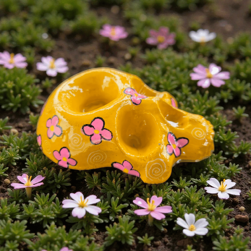 Image of Yellow Flower Print Cement Skull Planter