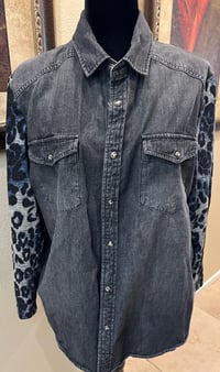 Image 2 of Vintage Funky Acid Black Denim Leopard Print Sleeve Shirt Crystal Fleur de Lis