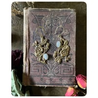 Image 1 of Victorian Rose Floral Spray Honey Bee and Moonstone Solid Brass Earrings