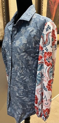 Image 3 of Vintage Funky Blue Denim Floral Print Shirt Floral Print Sleeves Sugar Skull Girl