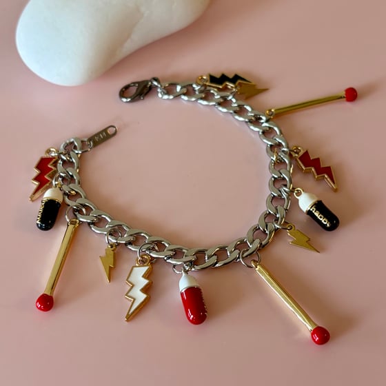 Image of One of a kind Charm Bracelet - match sticks, happy pills, lightning bolts