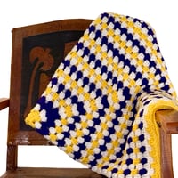 Image 1 of Handmade Square Pattern Yellow Purple and White Crochet Baby Blanket Throw 