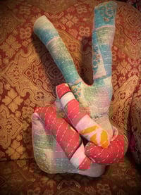 “Alien Peace Sign” kantha quilt pillow