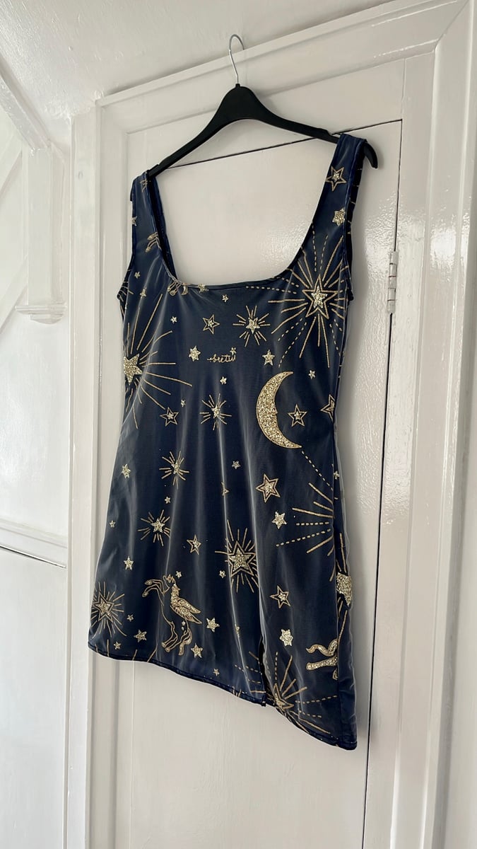 Sparkly Horse, Star, Sun And Moon Glitter Detail Navy Dress | ECcentric Clothing Sparkly Horse, Star, Sun And Moon Glitter Detail Navy Dress | ECcentric Clothing