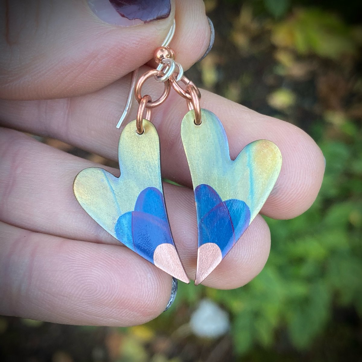 Flame Painted Copper Heart Earrings
