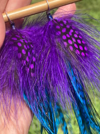 Image 1 of Feather Earrings, Festival Earrings, Colorful Dangle Earrings, Feather Earrings Purple Blue Black