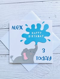 Image 1 of Personalized Elephant Splash Birthday Card - Custom Age Kids Card 