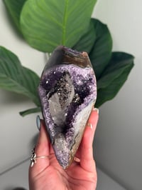 Image 1 of AMETHYST ON A CUSTOM STAND WITH A PERFECT SUGAR COATED CALCITE POINT -URUGUAY-