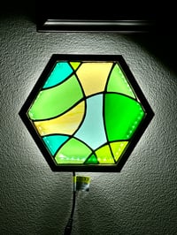 Image 3 of Stained Glass LED Hanging or Table-top Lightbox - Green and Yellow Illuminated Wall Art