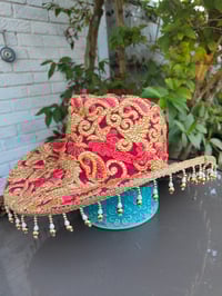 Image 4 of Dolly cowboy hat - recycled sari fabric RED