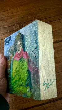 Image 3 of Winter Can’t Last Forever Oil Acrylic Pastel Graphite on Wood 5" x 5" x 1.5” copy