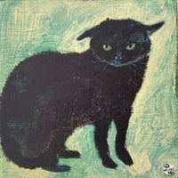 Image 2 of Small square art print ‘Jeff’ (black cat with ears down) free custom option available