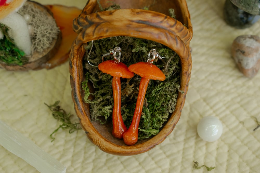 Image of Orange Mycena Mushroom Earrings