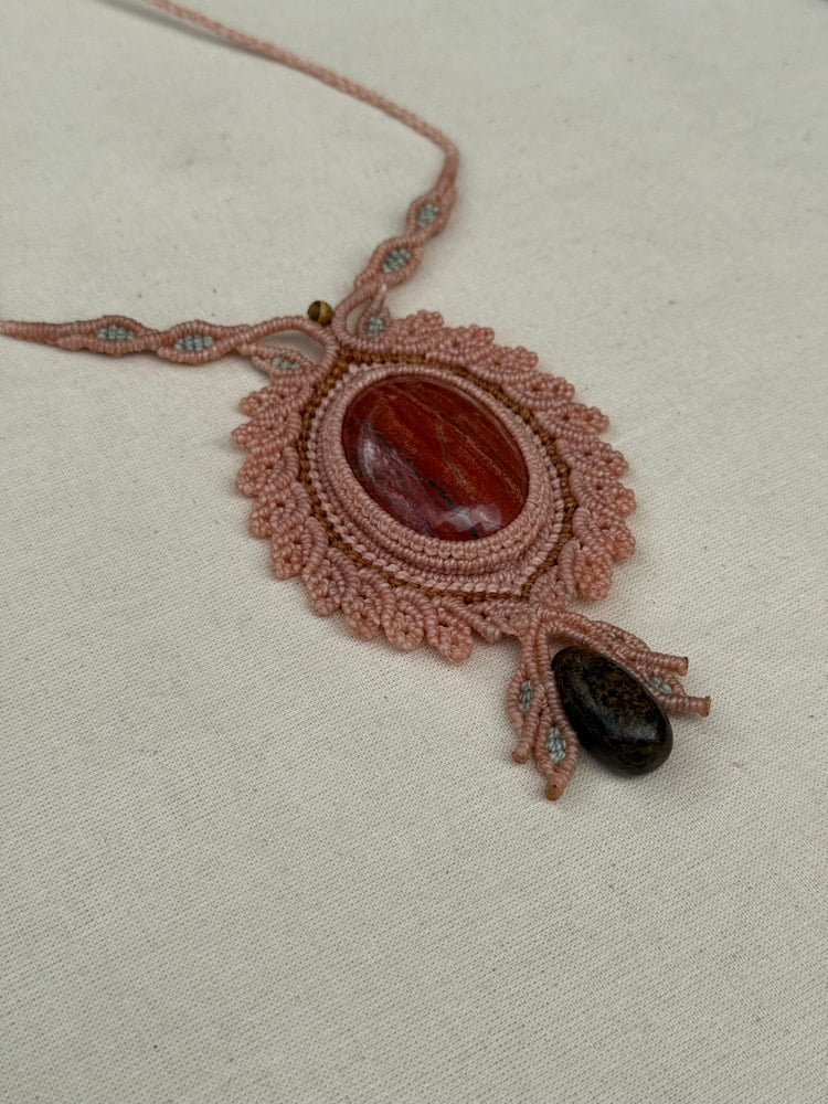Image of Macrame necklace with brecciated jasper and brocite stone