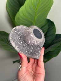 Image 2 of AGATE X AMETHYST STALACTITE HEART ON CUSTOM STAND -URUGUAY- H