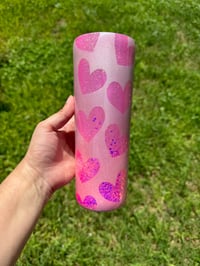 Image 1 of Pink Glittered Heart Tumbler 20oz Skinny 