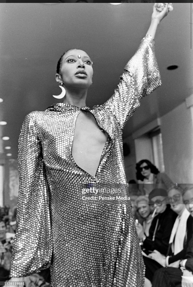 mid 1970s HALSTON sequin silk keyhole mini dress designer