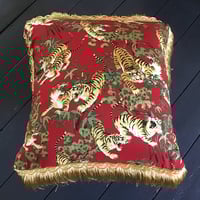 Image 5 of Red Japanese tiger print cushion cover with gold fringe