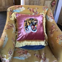 Image 14 of blue or pink  cotton velvet with embroidered tiger patch and gold fringing