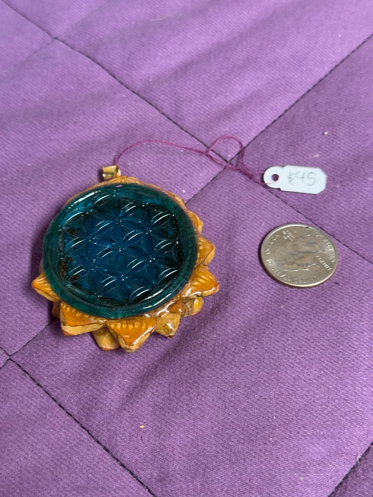 Image of Teal Flower of Life Pinecone Charm with Labradorite Center | Handmade PNW Jewelry | #100