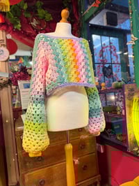 Image 4 of BUBBLE POP - crochet pastel rainbow cropped off shoulder jumper/sweater flared bell sleeve