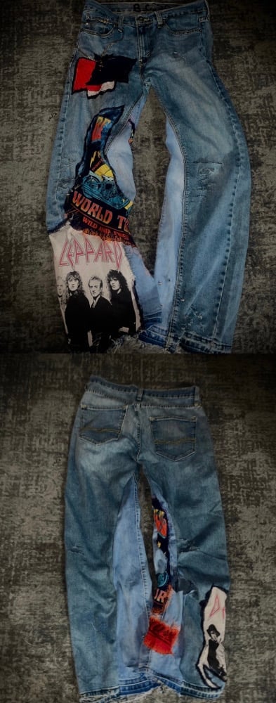 Image of 1/1 flared spiked patchwork denim. Come gold jewelry