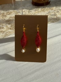 Image 1 of Gildry Weave Pearl Pendant Earrings (Red or Green)