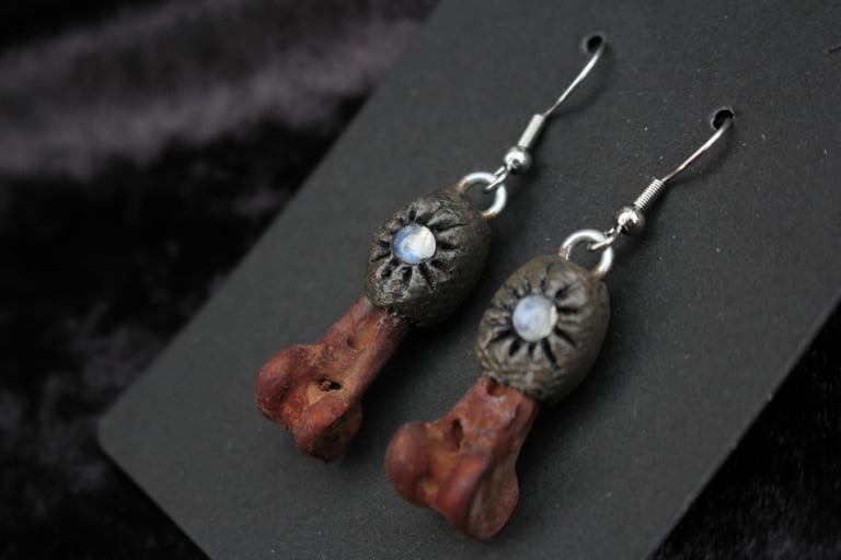 Dead good beetroot stained rabbit bone and moonstone earrings Image 6