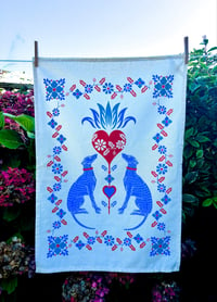 Image 1 of Hounds, hearts and flowers in aqua and scarlet 