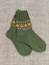 Grandma's Knitted Wool Socks - Green with yellow accents