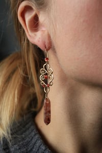 Image 1 of Brass + Red Garnet Woven Earrings