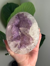 Image 7 of LAVENDER DRUZY QUARTZ EGG WITH RAINBOW FILLED CALCITE POINT ON A STAND -URUGUAY-