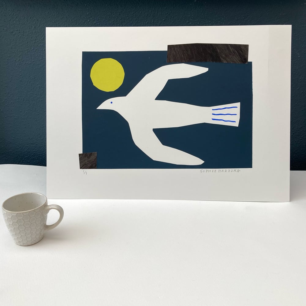 Image of Bird in Flight monoprint and collage 