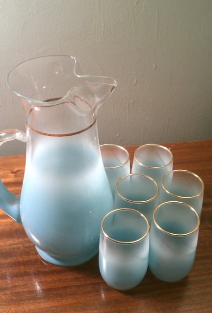 QUIET HOUSES • vintage • re-purposed • handmade — Vintage Turquoise Blendo  Glassware: Frosted Pitcher and 6 Glasses