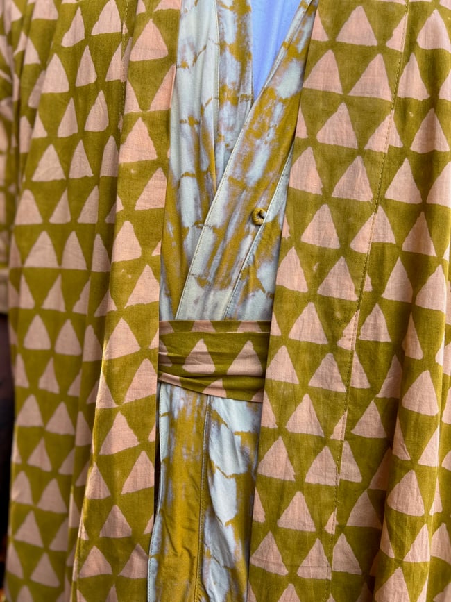 •Laaba• wrap jacket: hand - printed geo:  sun-dried palm + peach