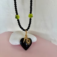 Image 3 of Black glass bead and green glass flower necklace with carabiner and heart 