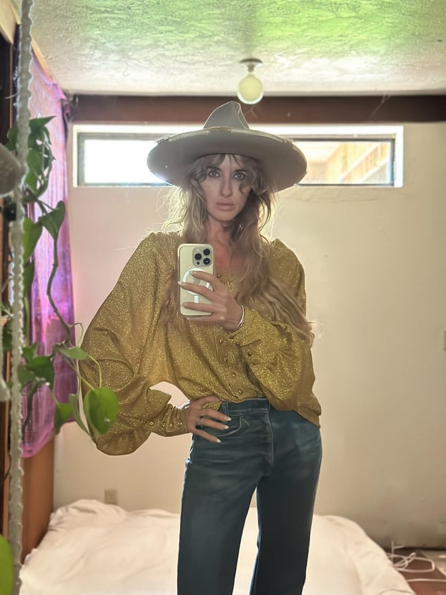 early 70s golden lurex blouse with massive poet sleeves
