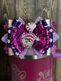 Image 1 of Cheshire Cat Tumbler Straw Topper Bow | Wonderland Cup Accessory