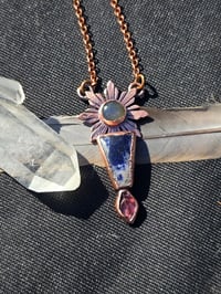 Image 2 of Electroformed labradorite, Sodalite and glass leaf sunflower necklace