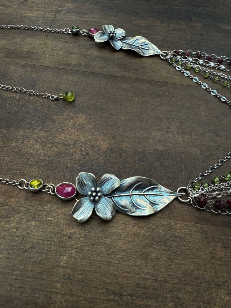 Image of Multi-Strand Dogwood Flower Long Draping Statement Necklace