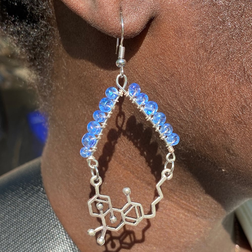 Image of blue thc chemical formula earrings 