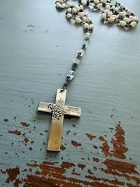 Image 4 of hand wrapped pearl and gemstone rosary style necklace with cross pendant