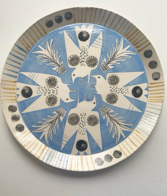Image of Black and white birds handbuilt and decorated earthenware plate