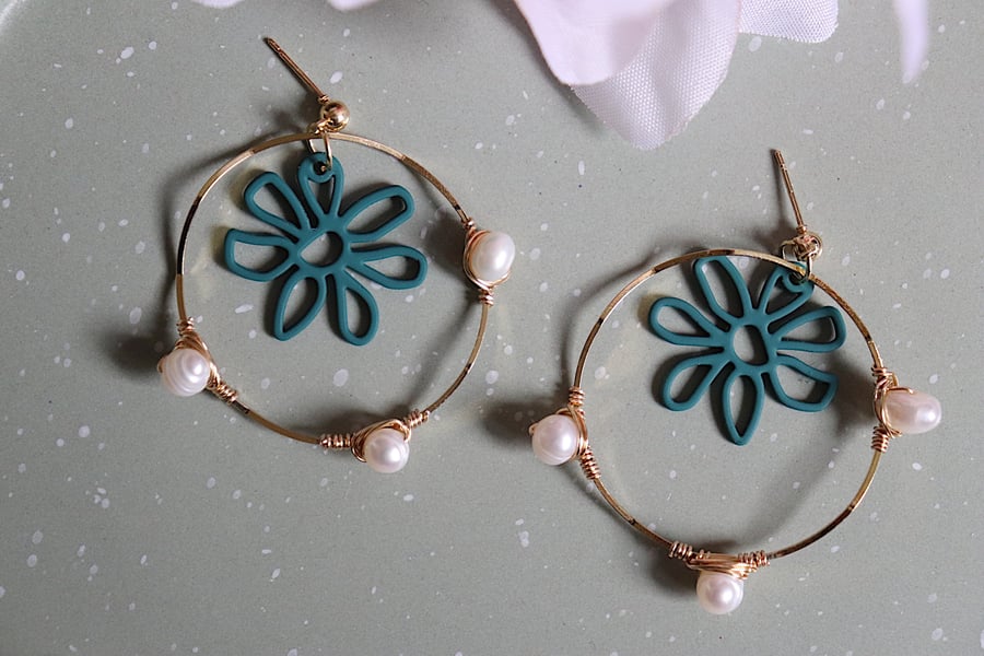 Image of Floral Pearl Hoops