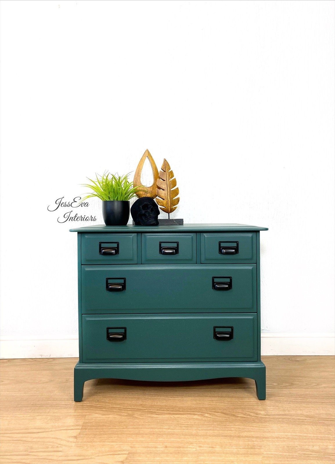 Stag Minstrel Chest of Drawers  / Large Bedside Cabinet painted in dark green with cup handles 