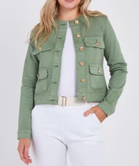 KHAKI GOLD BUTTON FRONT POCKETS ROUND NECK DENIM STRETCH JACKET